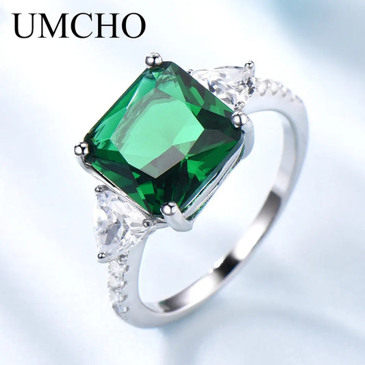 UMCHO Emerald Gemstone Rings for Women Solid 925 Sterling Silver Promise Ring Square Green Wedding Engagement Luxury Jewelry New