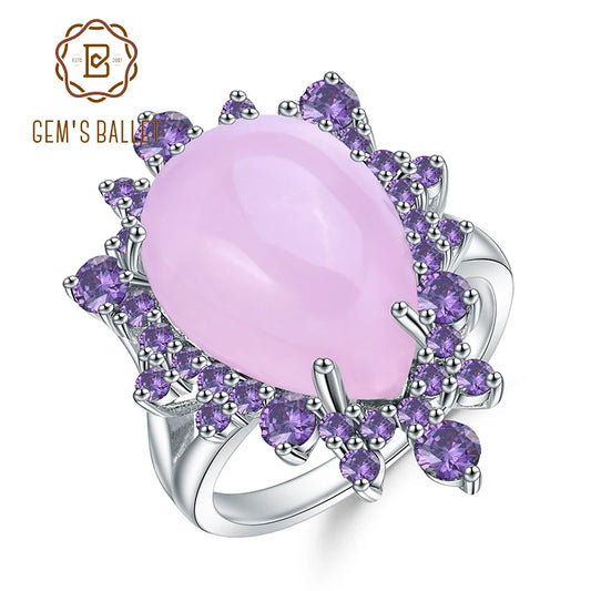 GEM'S BALLET Natural Pink Calcedony Gemstone Ring 925 Sterling Silver Vintage Halo Cocktail Rings for Women Fine Jewelry CHINA