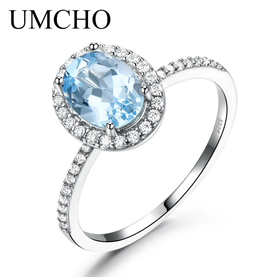 UMCHO Sky Blue Topaz Gemstone Rings for Women Genuine 925 Sterling Silver Ring Oval Romantic Gift Luxury Engagement Jewelry