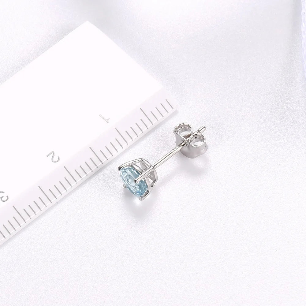 HUTANG Stone Jewelry 1.4ct Natural Aquamarine Round 6mm Stud Earrings Solid 925 Sterling Silver Gemstone Fine Jewelry Women Gift