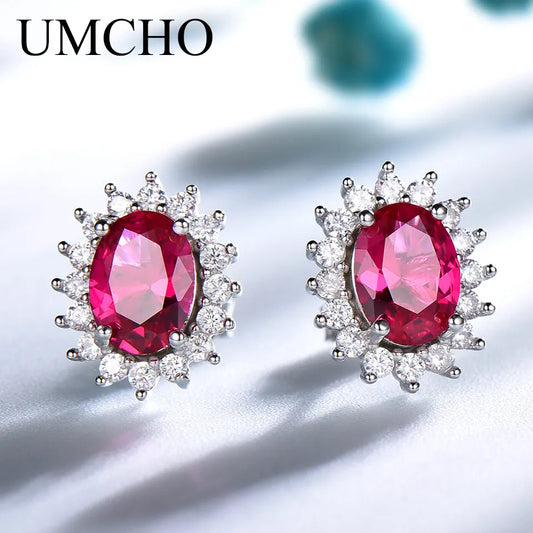 UMCHO Luxury 925 sterling silver earrings Red Corundum Stud Earrings For Women Bridal Wedding Party Jewelry Brand Fine Jewelry
