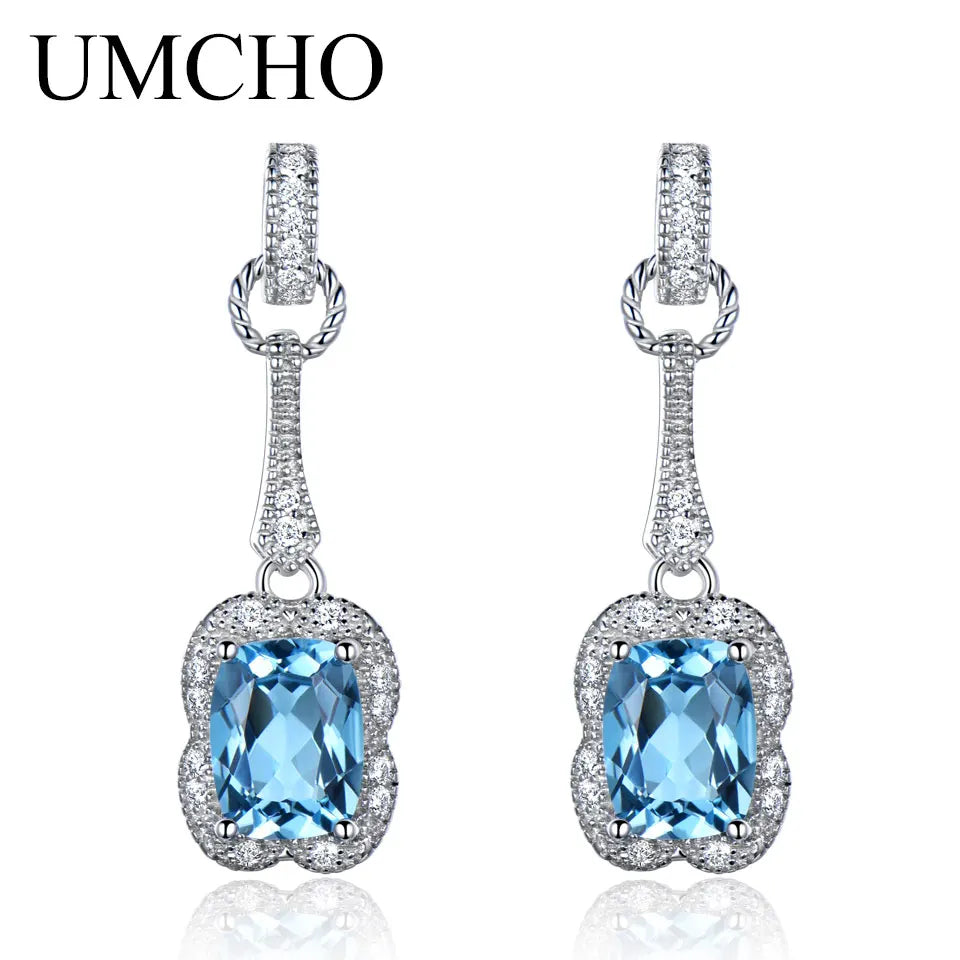 UMCHO 3.2CT Natural Blue Topaz Gemstone Earrings 925 Sterling Silver Earrings For Women Fine Jewelry Party Gift 2018 New