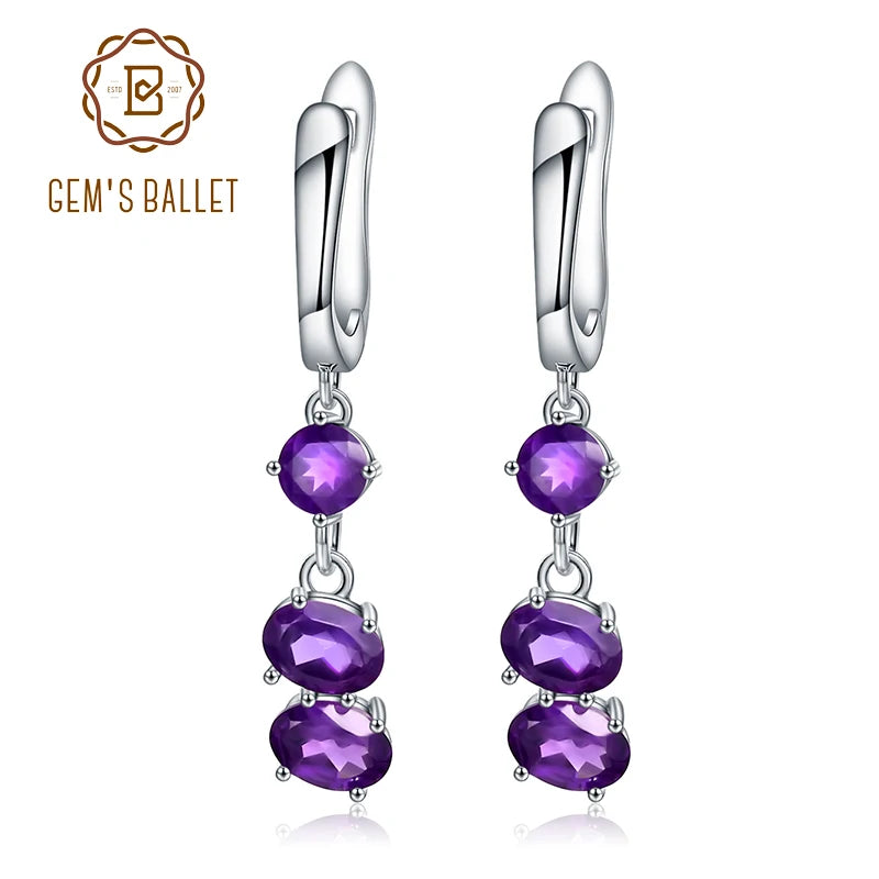 Gem's Ballet Solid 925 Sterling Silver Earrings Fine Jewelry 4.21Ct Natural Purple Amethyst Drop Earrings For Women Wedding