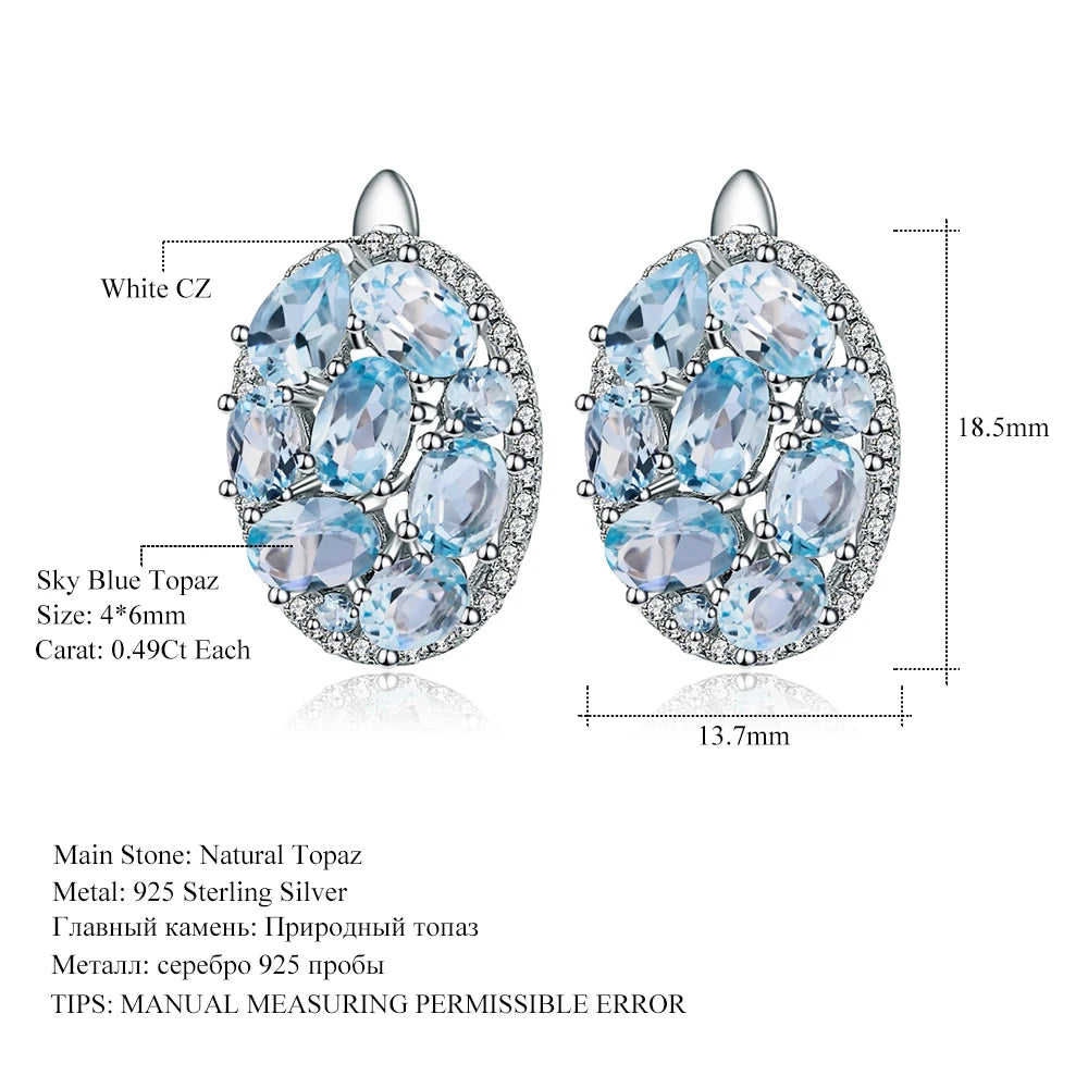 GEM'S BALLET Natural Sky Blue Topaz Pure 925 Sterling Silver Oval Clip Earrings Women Gift Vintage Luxury Fine Costume Jewelry