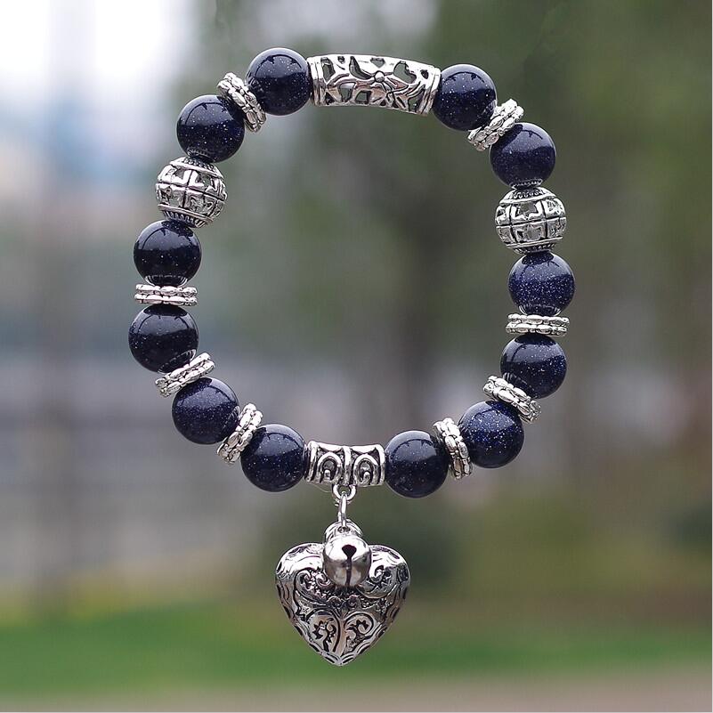 10mm Opal Obsidian Tiger Eye Natural Stone Bracelet with Heart Pendant Charms Strand Bracelet DIY Beaded Bracelet for Women Men blue sandstone