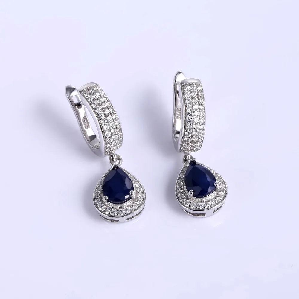 GEM'S BALLET Classic Natural Blue Sapphire Gemstone Jewelry Set 925 Sterling Silver Pendant Earrings Ring Set For Women