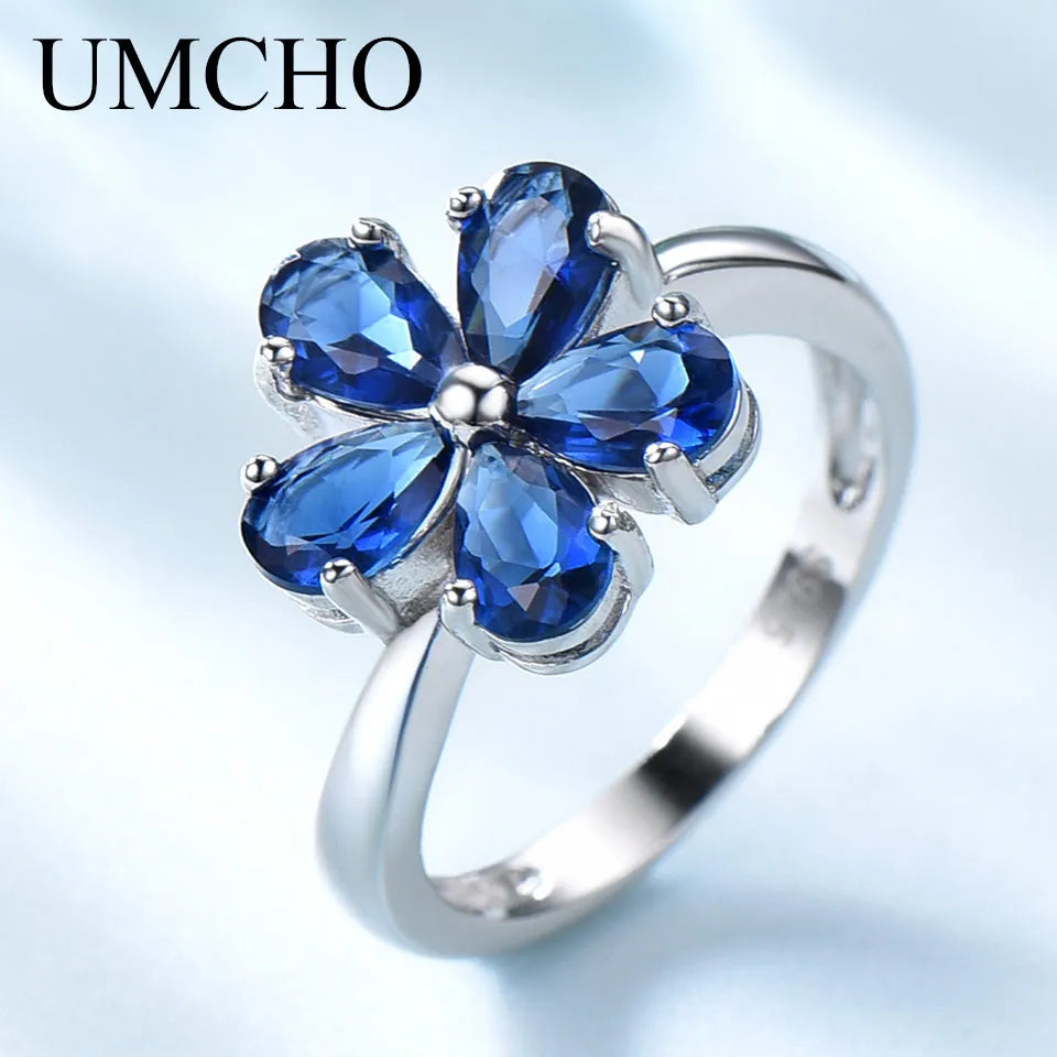 UMCHO Gemstone Blue Sapphire Rings for Women Genuine 925 Sterling Silver Flower Party Wedding Engagement Fine Jewelry Party Gift