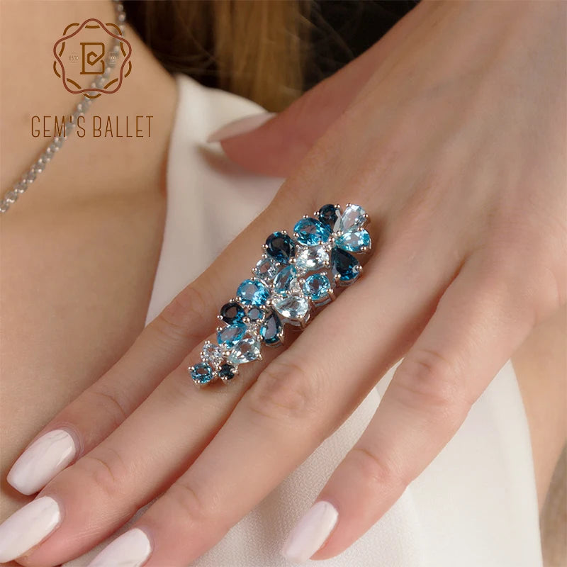 GEM'S BALLET Natural London Blue Topaz Rings Genuine 925 sterling silver Luxury Fine Costume Jewelry Accessories For Woman