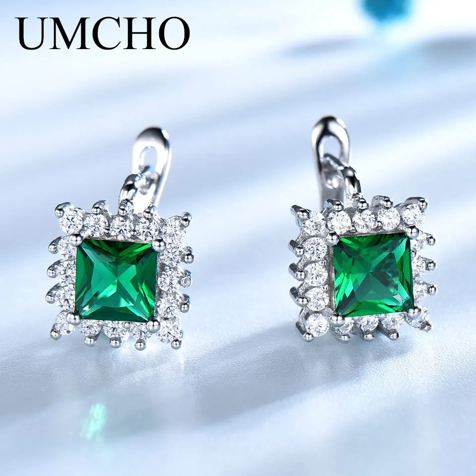 UMCHO Luxury Vintage Green Emerald Clip Earrings For Women Solid 925 Sterling Silver Jewelry Classic Party Gift Fine Jewelry New