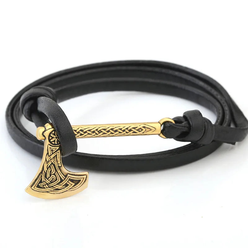 Teamer Mens Bracelet Axe Wrap Viking Bracelet for Men Leather Accessories Silver Color Hatchet Handmade Pirate Bracelet For Male gold axe 1