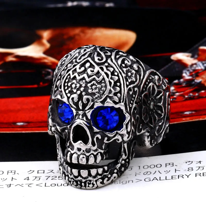 Anillo Beier de acero inoxidable 316L con diseño de calavera para hombre, con ojos rojos y azules, joyería de alta calidad, LLBR8-644R