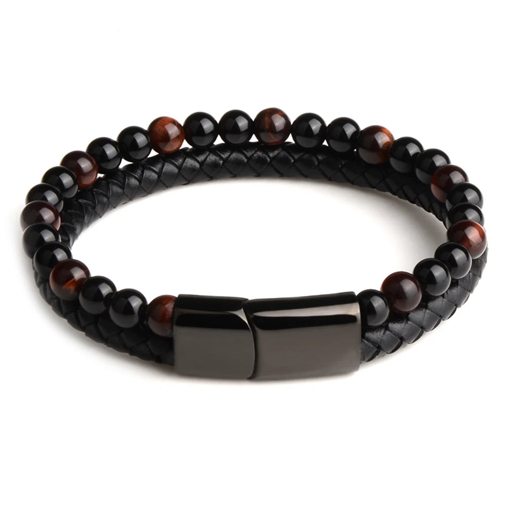 Natural Stone Bracelet Genuine Leather Braided Bracelets Black Stainless Steel Magnetic Clasp Tiger eye Bead Bangle Men Jewelry Red Tiger eye1