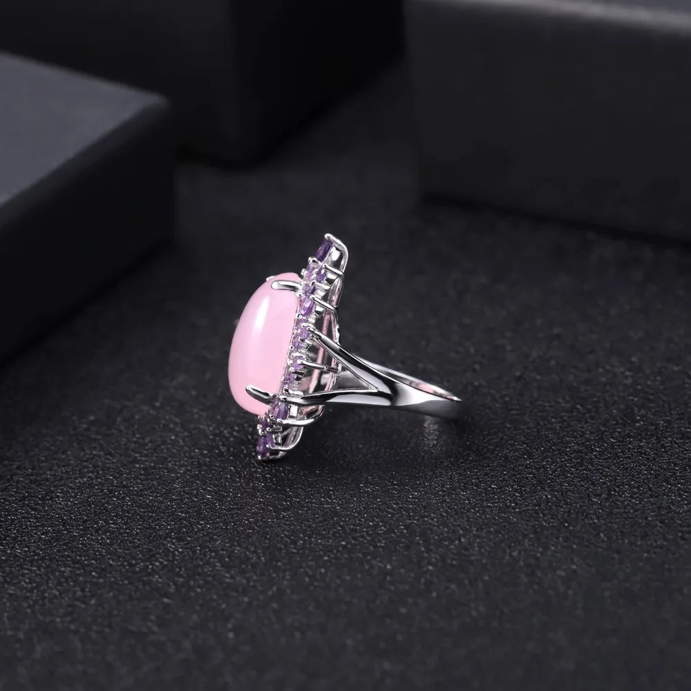 GEM'S BALLET Natural Pink Calcedony Gemstone Ring 925 Sterling Silver Vintage Halo Cocktail Rings for Women Fine Jewelry
