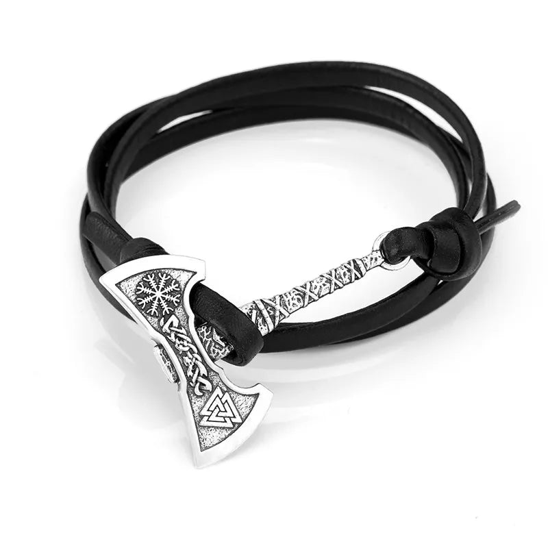 Teamer Mens Bracelet Axe Wrap Viking Bracelet for Men Leather Accessories Silver Color Hatchet Handmade Pirate Bracelet For Male sliver