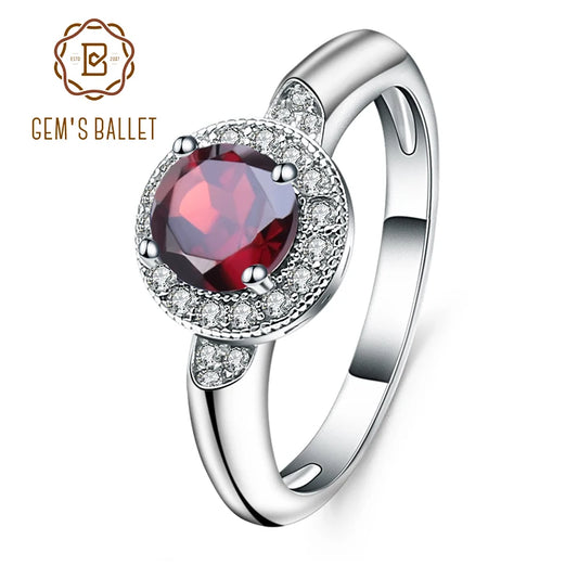GEM'S BALLET 1.05Ct Round Natural Red Garnet Gemstone Ring 925 Sterling Silver Classic Wedding Rings for Women Fine Jewelry