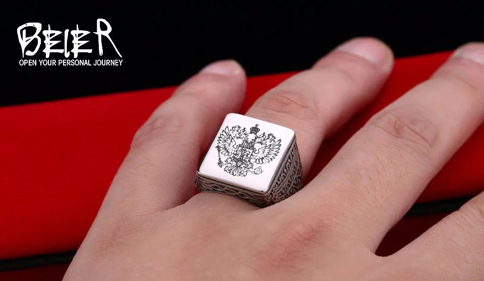 Beier Polished Stainless Steel ring Band Biker Men's ring a coat of arms of the Russian Signet Ring Fashion Jewelry