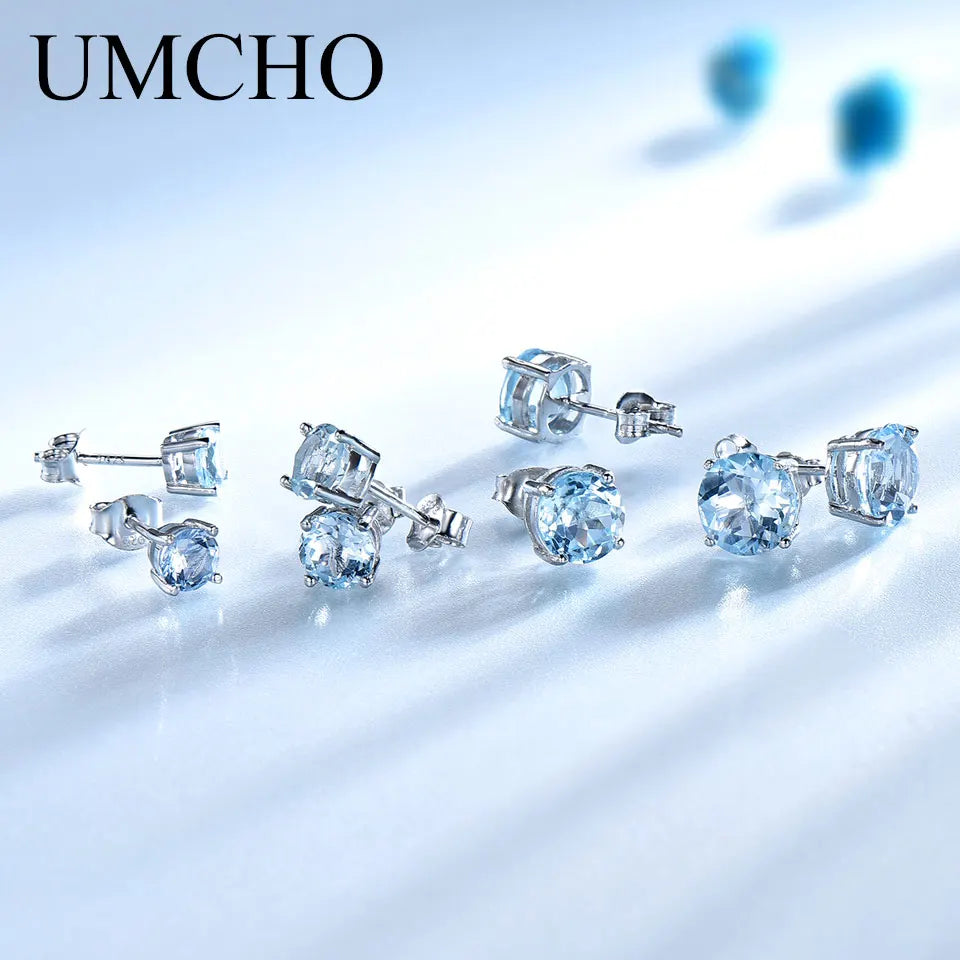 UMCHO Real 925 Sterling Silver Jewelry Created Russian Sky Blue Topaz Stud Earrings Elegant Anniversary For Women Birthday Gifts