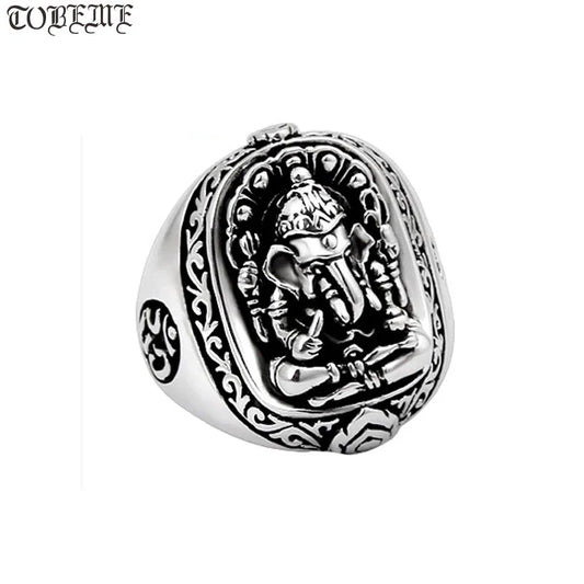 100% 925 Silver Ganesh Buddha OM Ring Elephant Nose Wealth God Ring Good Luck Ring 13