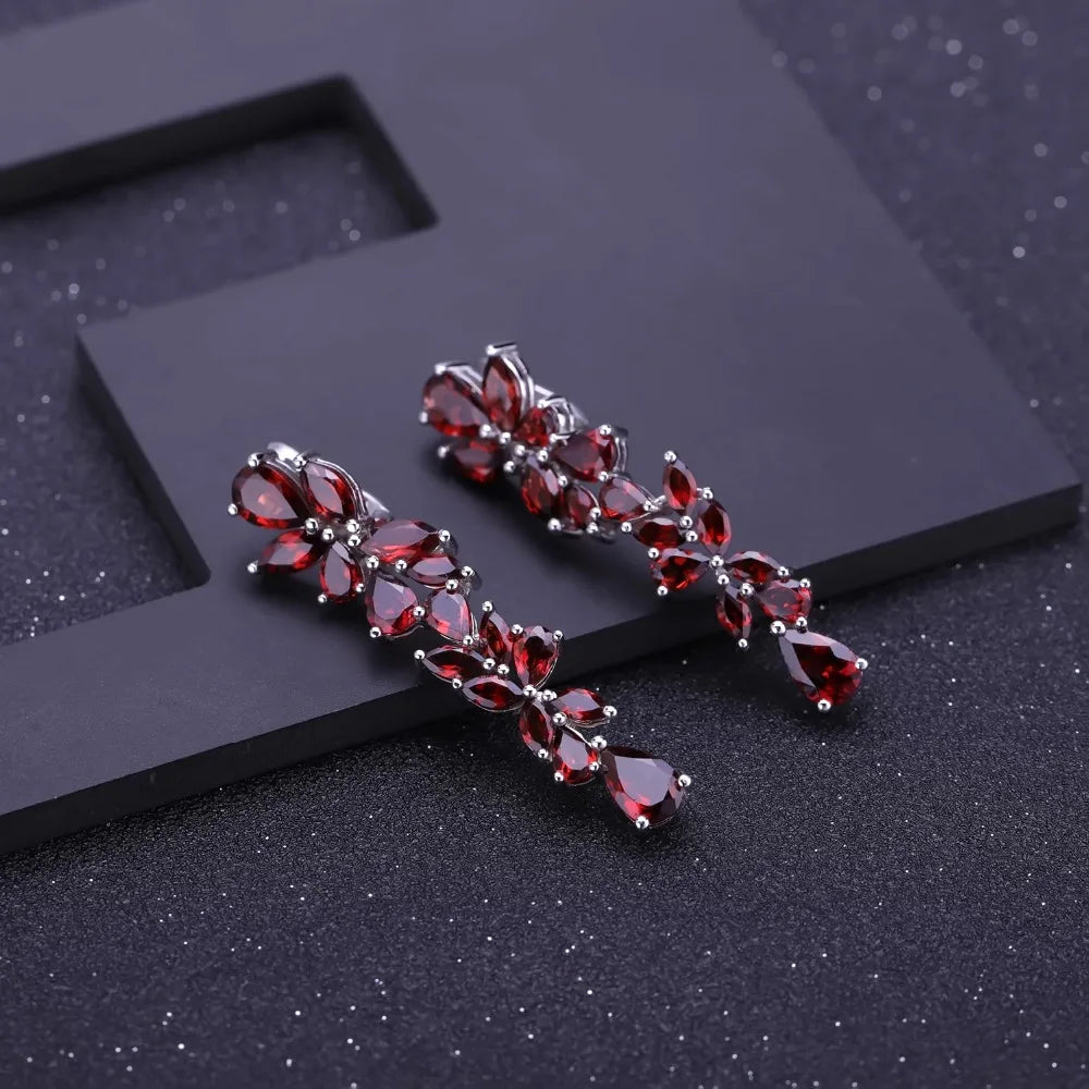GEM'S BALLET 20.35Ct Natural Red Garnet Earrings 925 Sterling Sliver Leaves Branches Drop Earrings For Women Engagement Jewelry