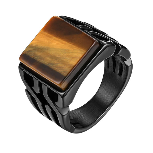 BONISKISS Vintage Men's Ring Tiger Eye Stone Punk Classic Black Color Ring Male Stainless Steel Ring Bijoux Aneis Jewelry Gift