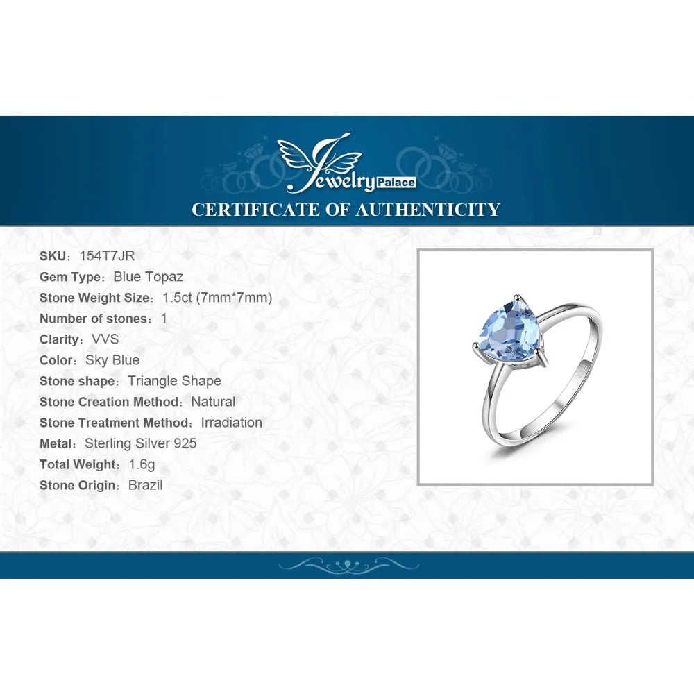 JewelryPalace 1.5ct Natural Blue Topaz 925 Sterling Silver Solitaire Ring for Woman Triangle Gemstone Jewelry Anniversary Gift