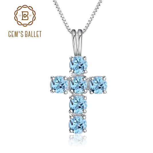 Gem's Ballet Natural Swiss Blue Topaz 925 Sterling Silver Gemstone Cross Pendant Necklaces for Women Fine Jewelry Collares