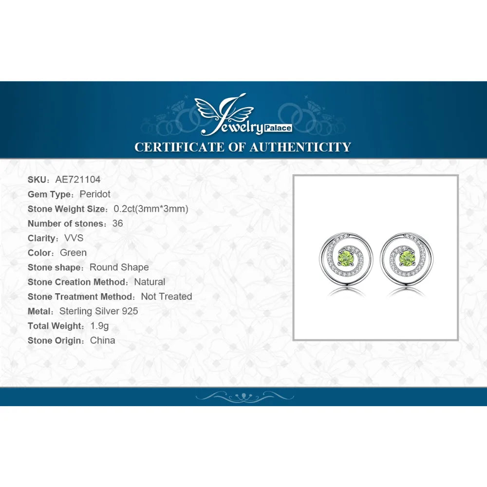 JewelryPalace Circle Round Natural Peridot 925 Sterling Silver Stud Earrings for Women Green Gemstone Fine Jewelry Birthday Gift