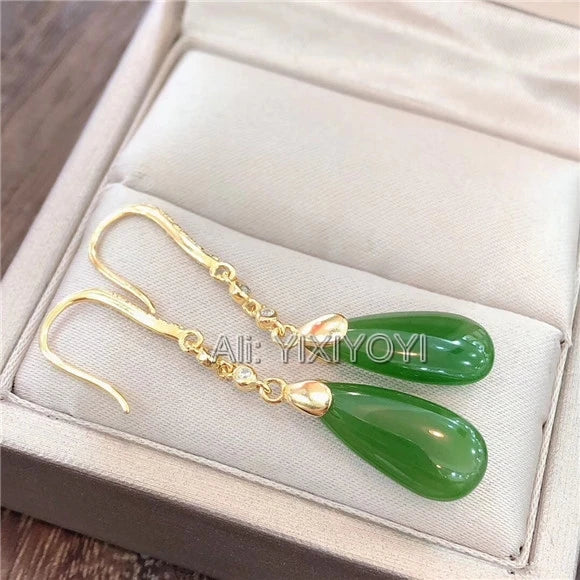 Beautiful 925 Silver Green HeTian Jade Oval Dropping Beads Drop Dangle Gold Earrings Girl's Lucky Charm Ear Jewelry Certificate