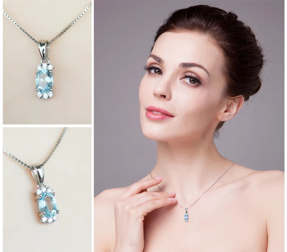 JewelryPalace Natural Oval Sky Blue Topaz 925 Sterling Silver Pendant Necklace for Women Fine Jewelry Gemstone Choker No Chain