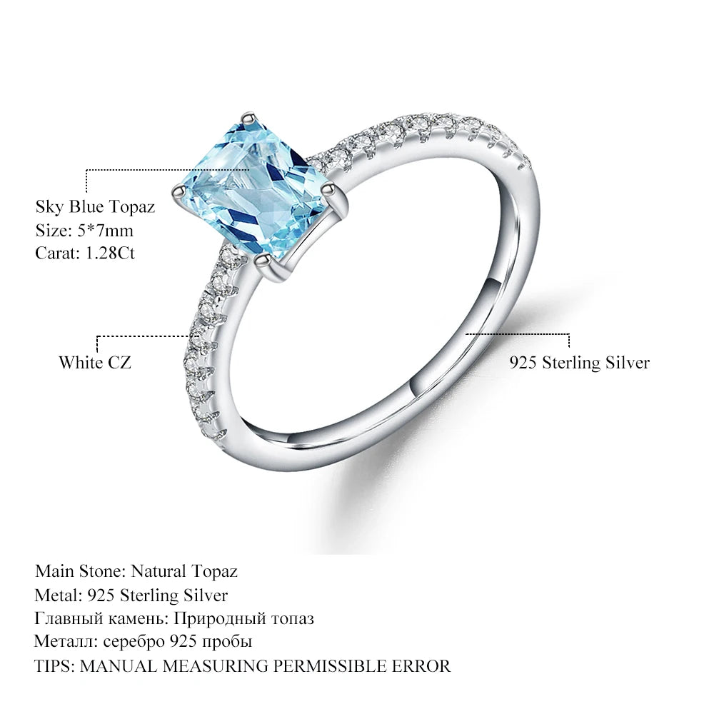 Gem's Ballet 1.28Ct Natural Sky Blue Topaz Rectangle Ring 925 Sterling Silver Wedding Engagement Rings For Women Fine Jewelry