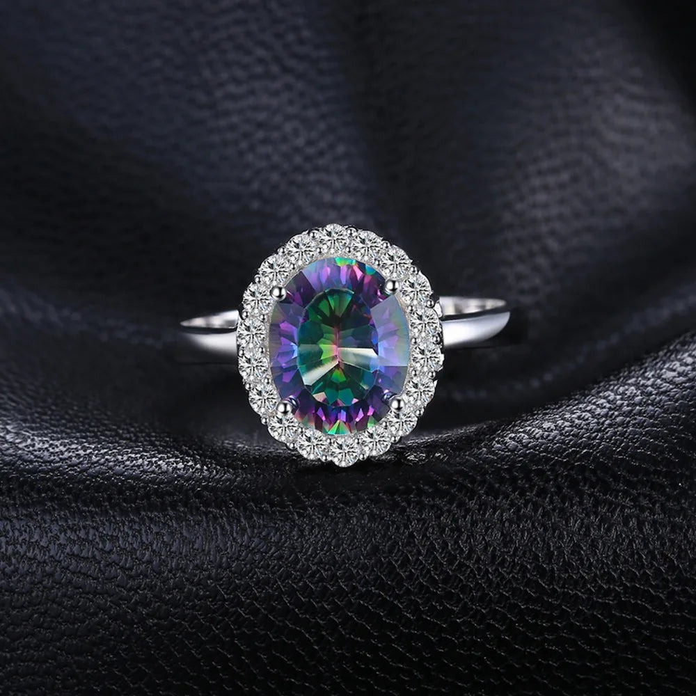 JewelryPalace 3.4ct Natural Mystic Rainbow Quartz 925 Sterling Silver Halo Wedding Engagement Ring for Women Gift New Arrival