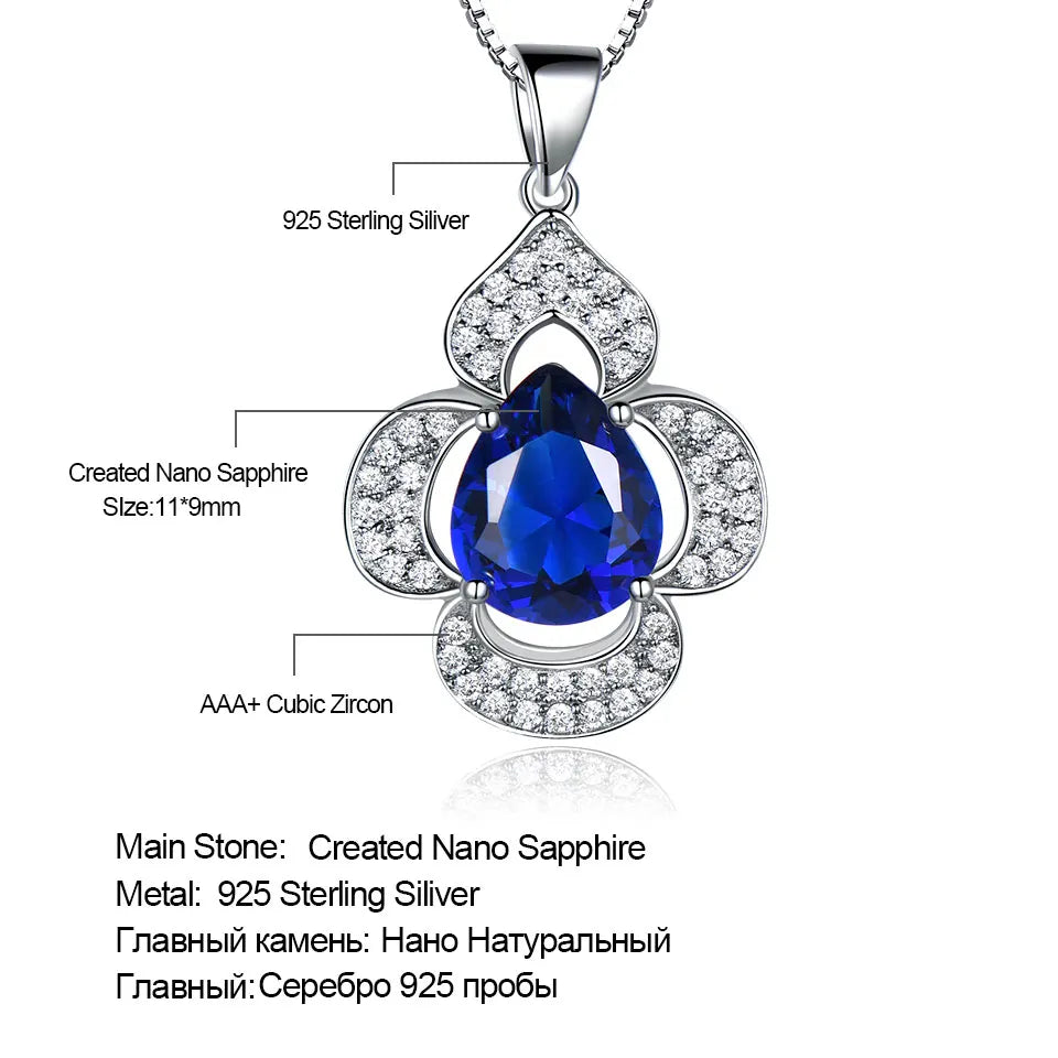 Nano Sapphire Pendants 925 Sterling Silver Necklaces Water Drop Flower Necklace 11X9mm 5a Zircon