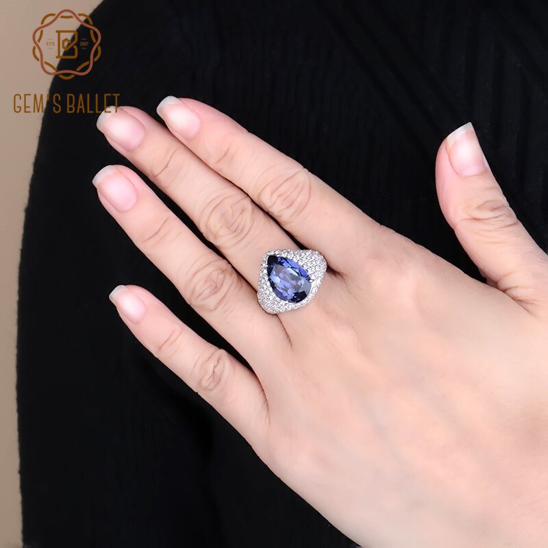 Gem&#39;s Ballet Luxury 5.22Ct Natural Iolite Blue Mystic Quartz Ring Pure 925 Sterling Silver Vintage Rings For Women Fine Jewelry