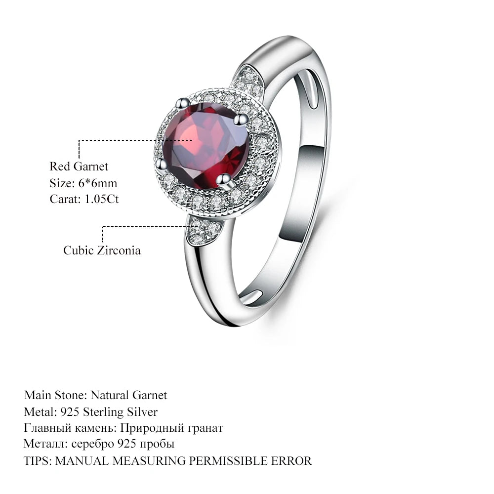 GEM'S BALLET 1.05Ct Round Natural Red Garnet Gemstone Ring 925 Sterling Silver Classic Wedding Rings for Women Fine Jewelry