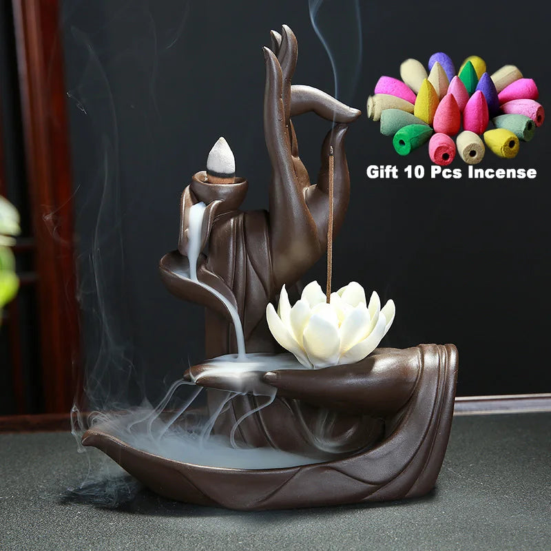 Gift 10Cones White Ceramic Incense Censer Buddha Hand Backflow Incense Burner Lotus Incense Stick Holder Lotus J28