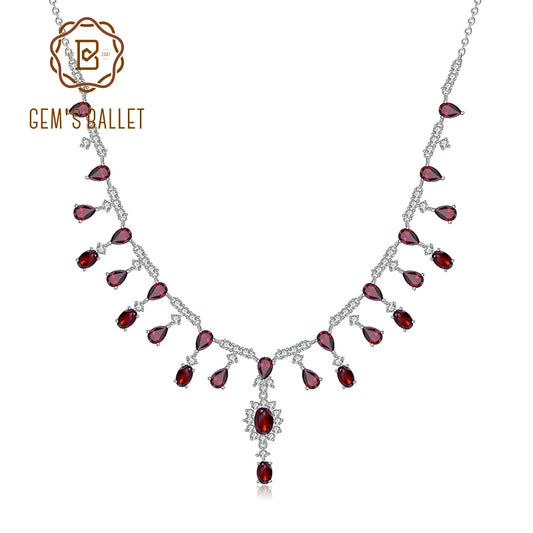GEM'S BALLET 15.2Ct Natural Red Garnet Necklace 925 Sterling Silver Gemstone Wedding Bridal Necklace For Women Fine Jewelry