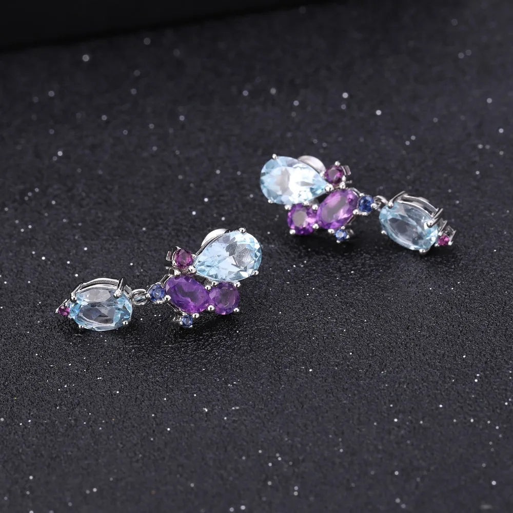 GEM'S BALLET 925 Sterling Silver Colorful Modern Irregular Earrings Natural Blue Topaz Amethyst Stud Earrings for Women Bijoux
