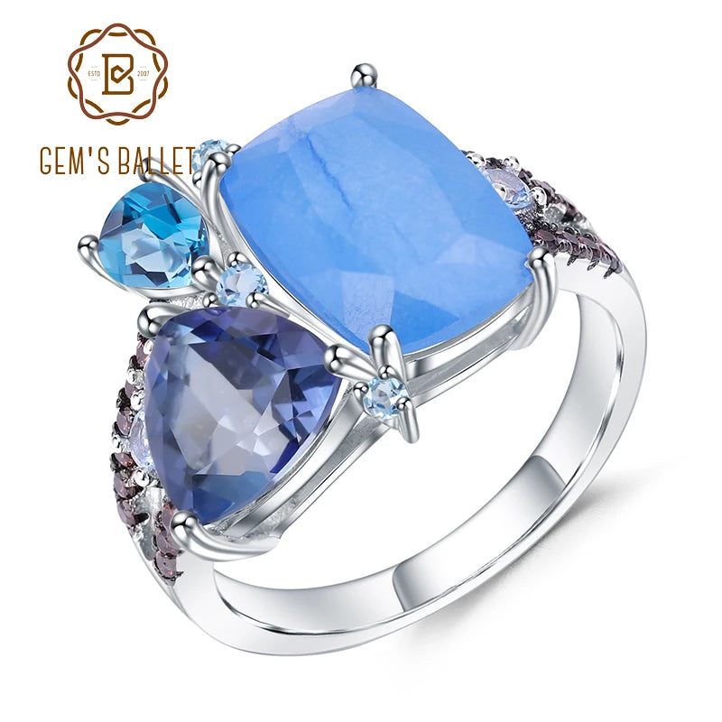 GEM'S BALLET Natural Aqua blue Calcedony Rings 925 Sterling Silver Gemstone Vintage Ring for Women Bijoux Fine Jewelry CHINA