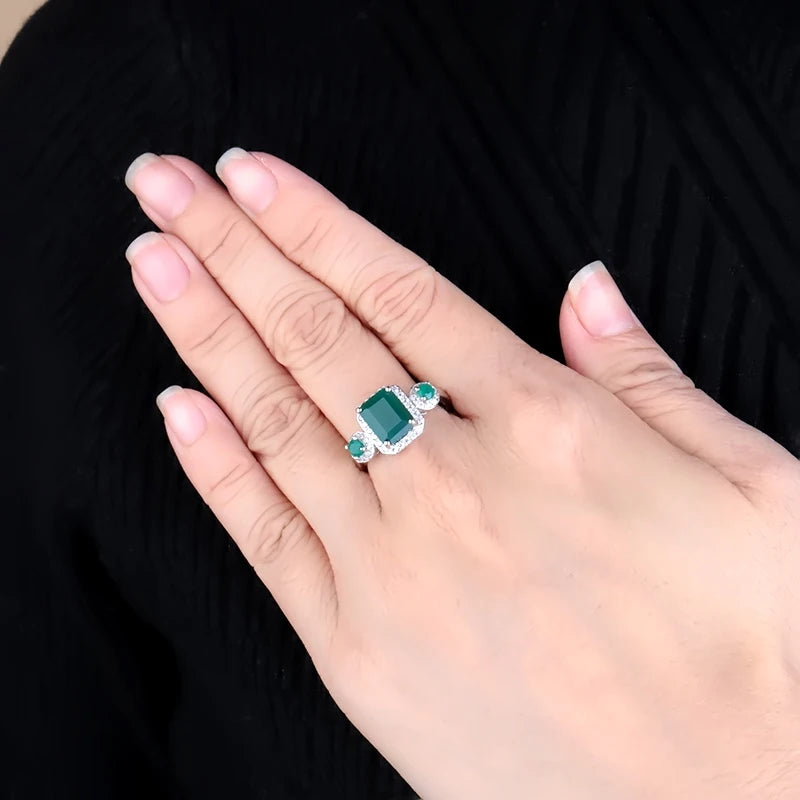 Gem's Ballet 2.28Ct Emerald Cut Natural Green Agate Gemstone Vintage Rings Solid 925 Sterling Silver Fine Jewelry For Women