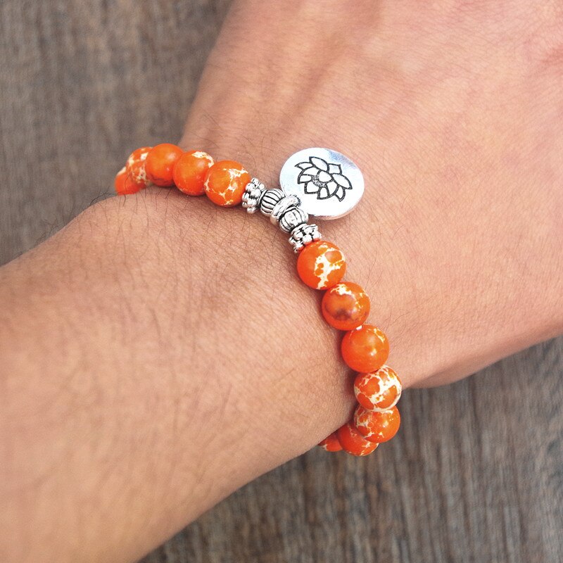 DIY Fashion Jewelry Natural Stone Strand Bracelet Women Men Yoga Healing Chakra Mala Prayer Beads Charm Bracelet Orange