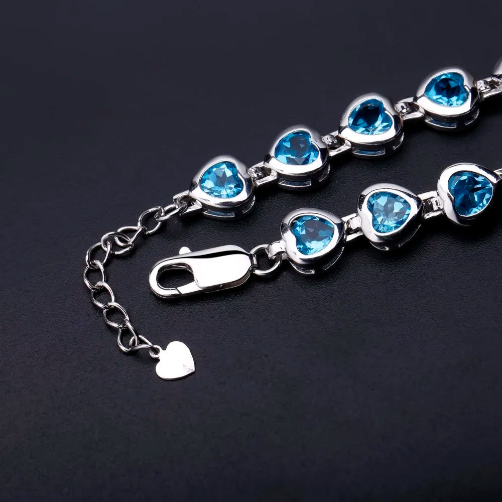 GEM'S BALLET 6x6mm Heart Natural Swiss Blue Topaz Chain Link Bracelet Pure 100% 925 Sterling Silver Fashion Jewelry For Women