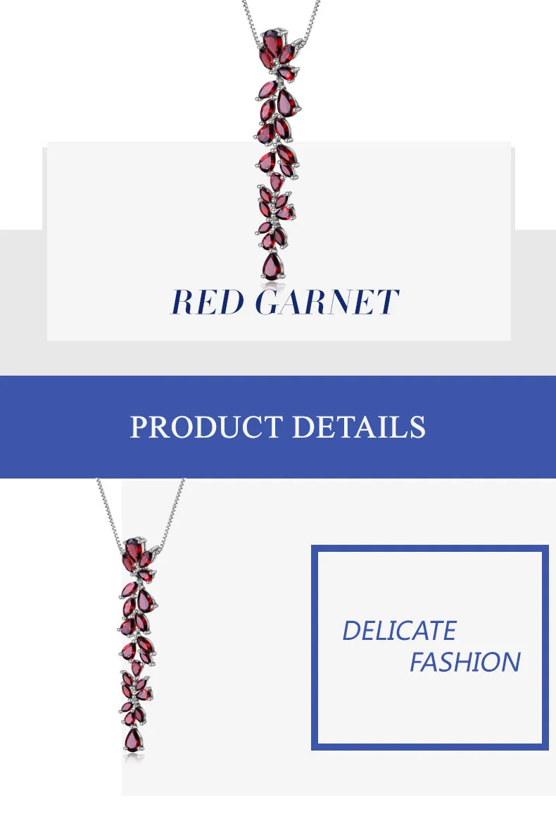 GEM'S BALLET Real 925 Sterling Sliver Romantic Leaves Pendant Necklace 14.65Ct Natural Red Garnet For Women Wedding Fine Jewelry