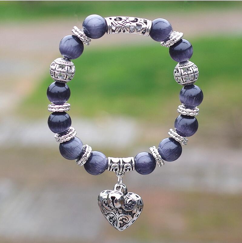 10mm Opal Obsidian Tiger Eye Natural Stone Bracelet with Heart Pendant Charms Strand Bracelet DIY Beaded Bracelet for Women Men gray