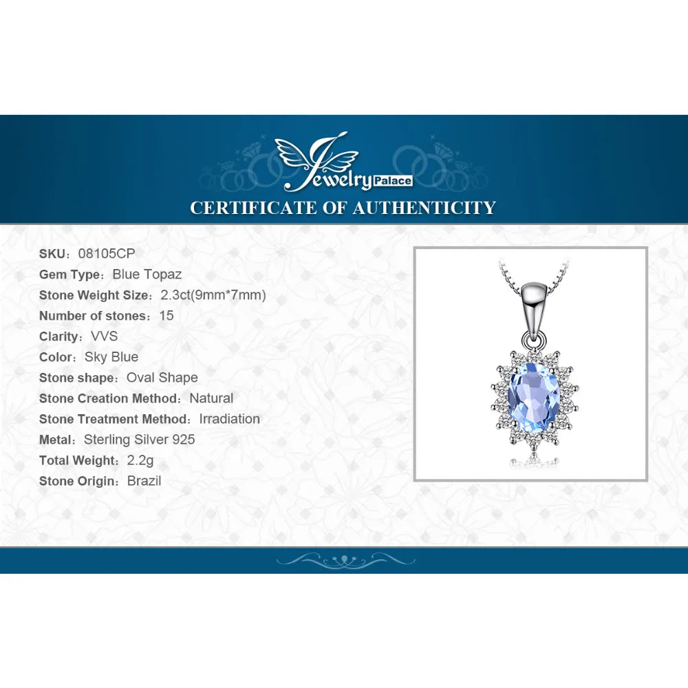 JewelryPalace 2.3ct Princess Diana Natural Blue Topaz 925 Sterling Silver Pendant Necklace for Woman Fashion Fine Gift No Chain