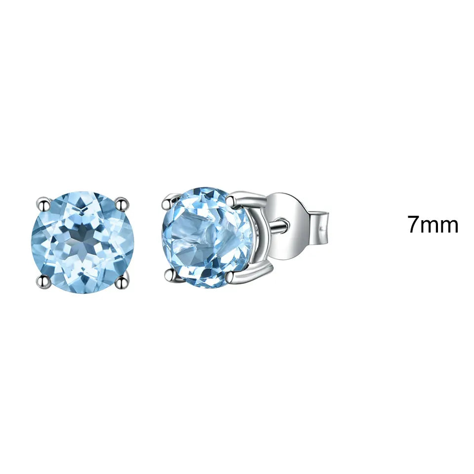 UMCHO Real 925 Sterling Silver Jewelry Created Russian Sky Blue Topaz Stud Earrings Elegant Anniversary For Women Birthday Gifts Blue-7mm