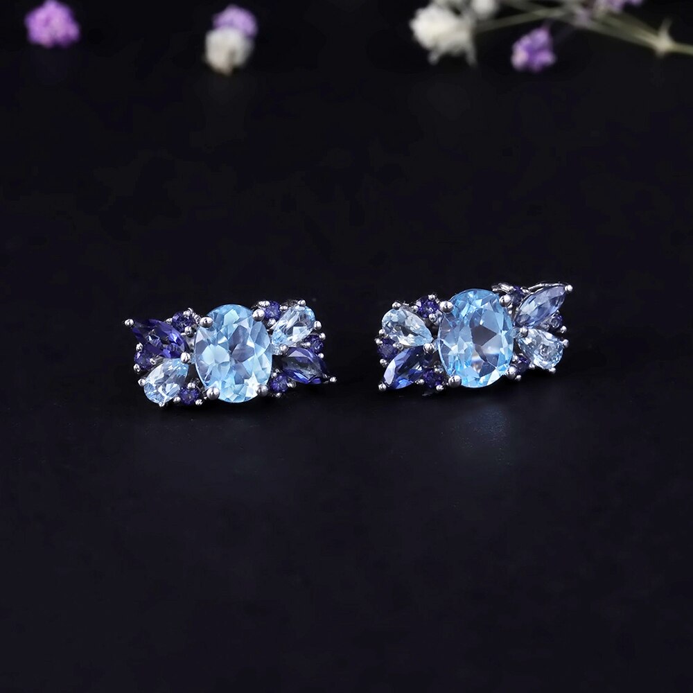 GEM&#39;S BALLET Natural Sky Blue Topaz Mystic Quartz Flower Stud Earrings 100% 925 Sterling Silver Earrings For Women Fine Jewelry