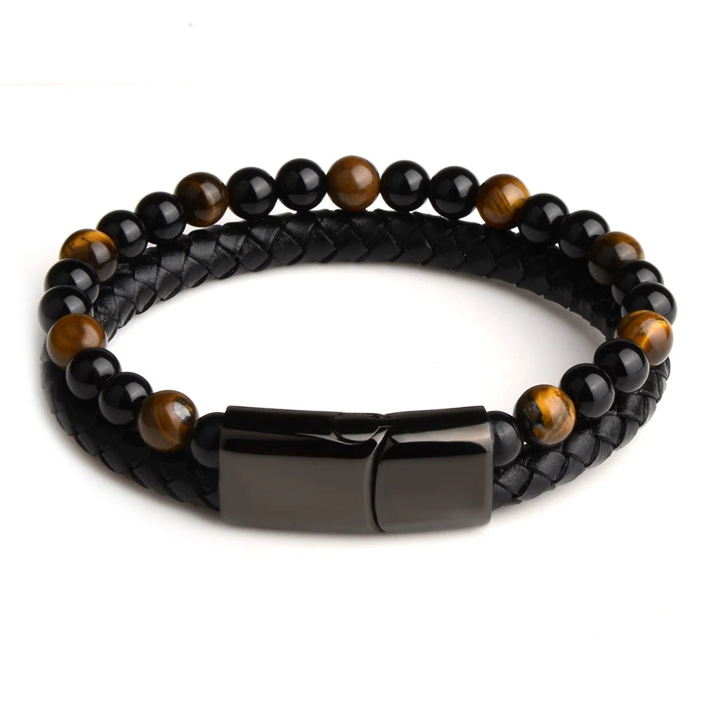 Natural Stone Bracelet Genuine Leather Braided Bracelets Black Stainless Steel Magnetic Clasp Tiger eye Bead Bangle Men Jewelry Tiger eye1