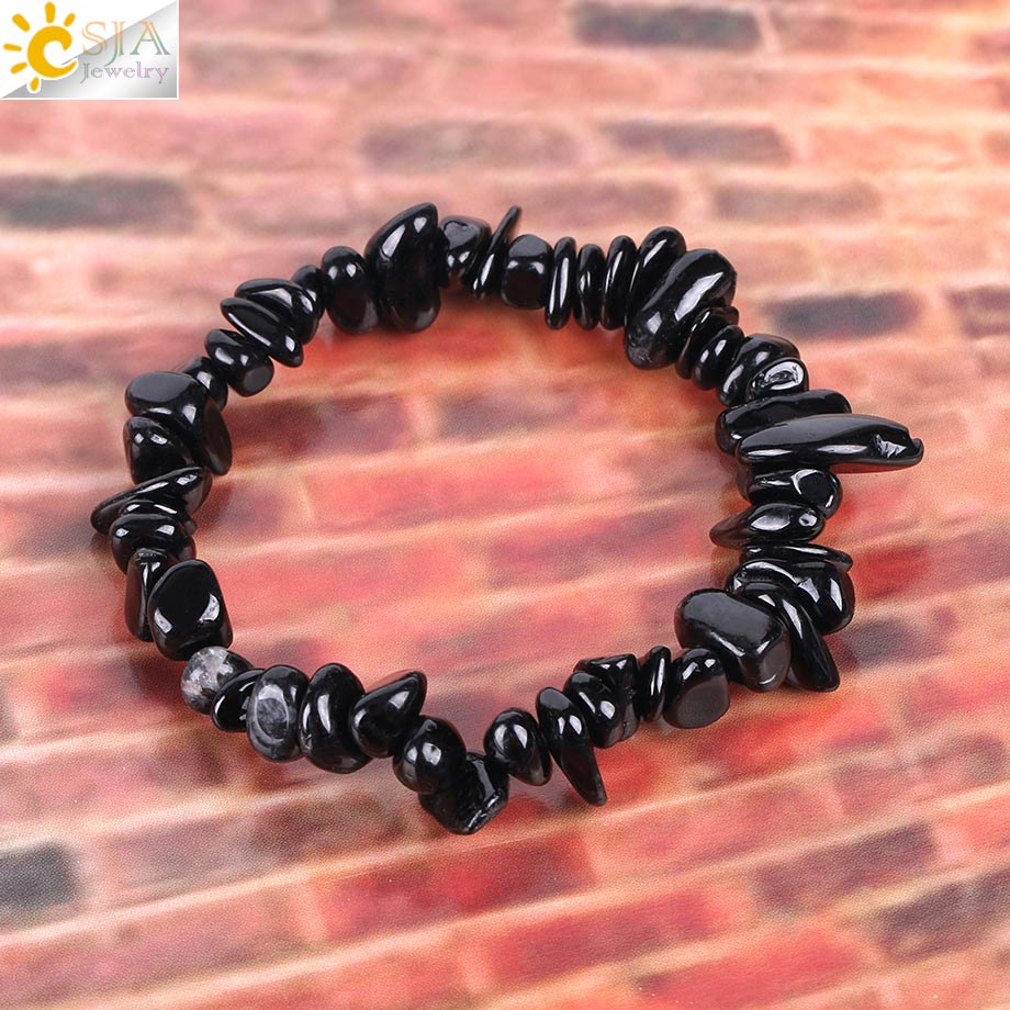CSJA Black Tourmaline Bracelets for Women Crystal Bracelets Chip Beads Chakra Natural Gem Stone Reiki Healing Meditation E705