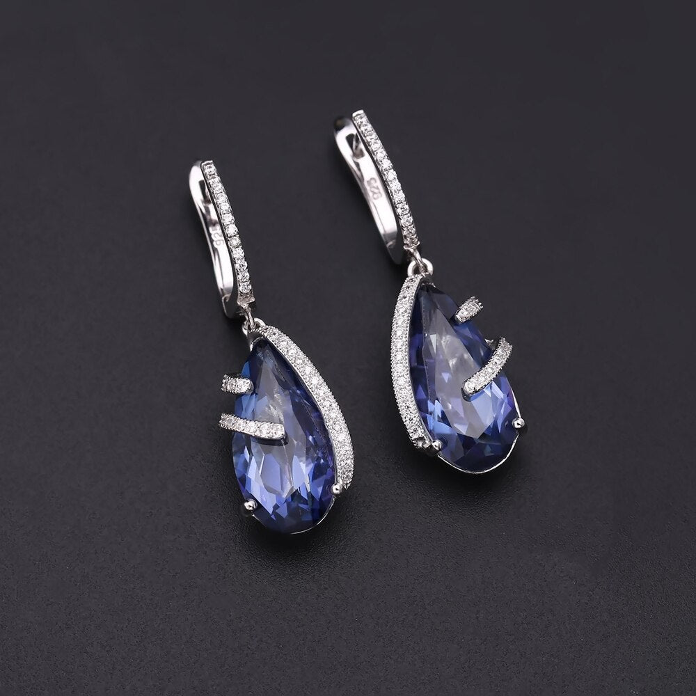 GEM&#39;S BALLET 925 Sterling Silver Fashion Earrings Ring Set Natural Iolite Blue Mystic Quartz Water Drop Jewelry Sets For Women