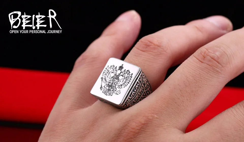 Beier Polished Stainless Steel ring Band Biker Men's ring a coat of arms of the Russian Signet Ring Fashion Jewelry